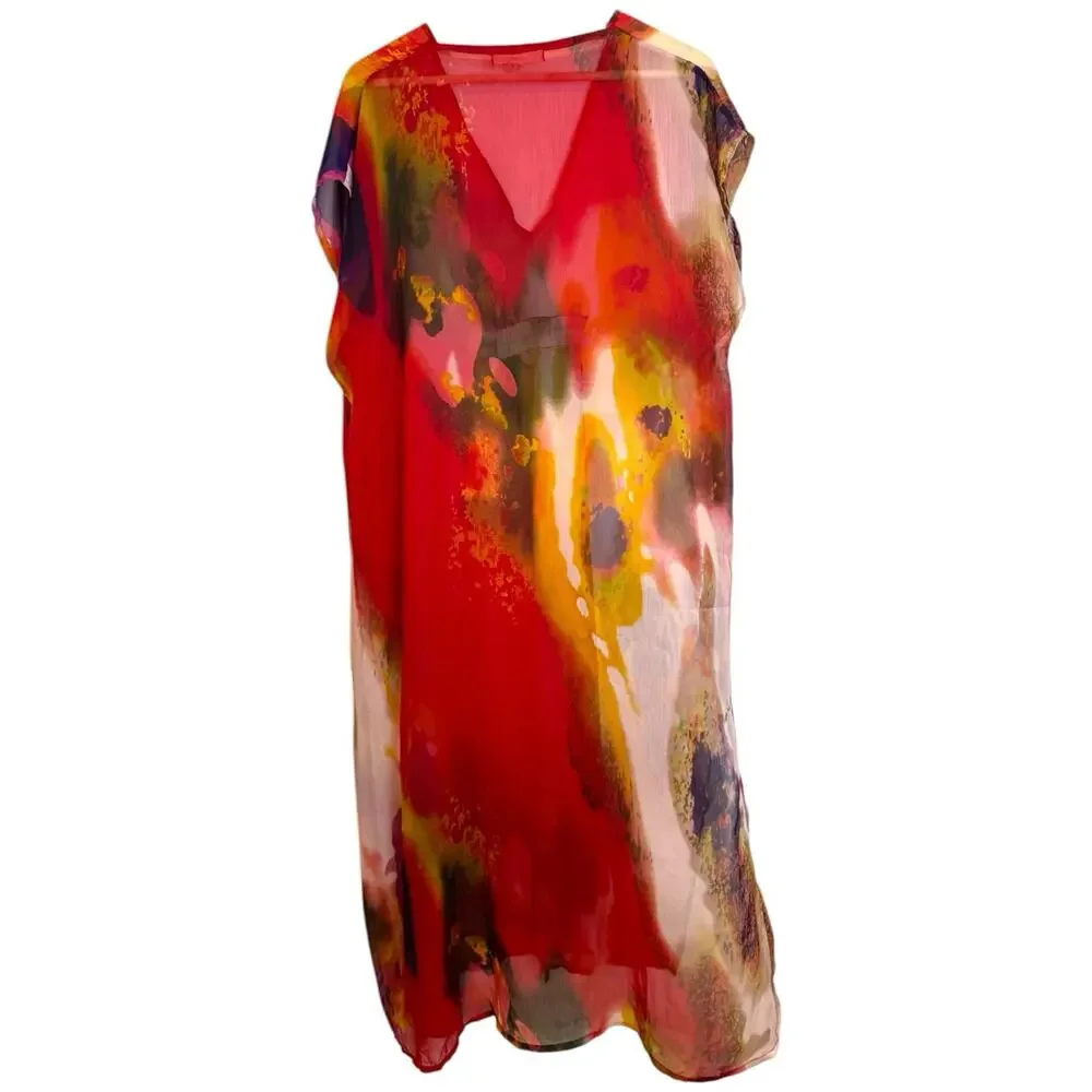 Michael Stars Sheer Colorful Watercolor Kaftan Cover Up One Size Pastel Gardens
